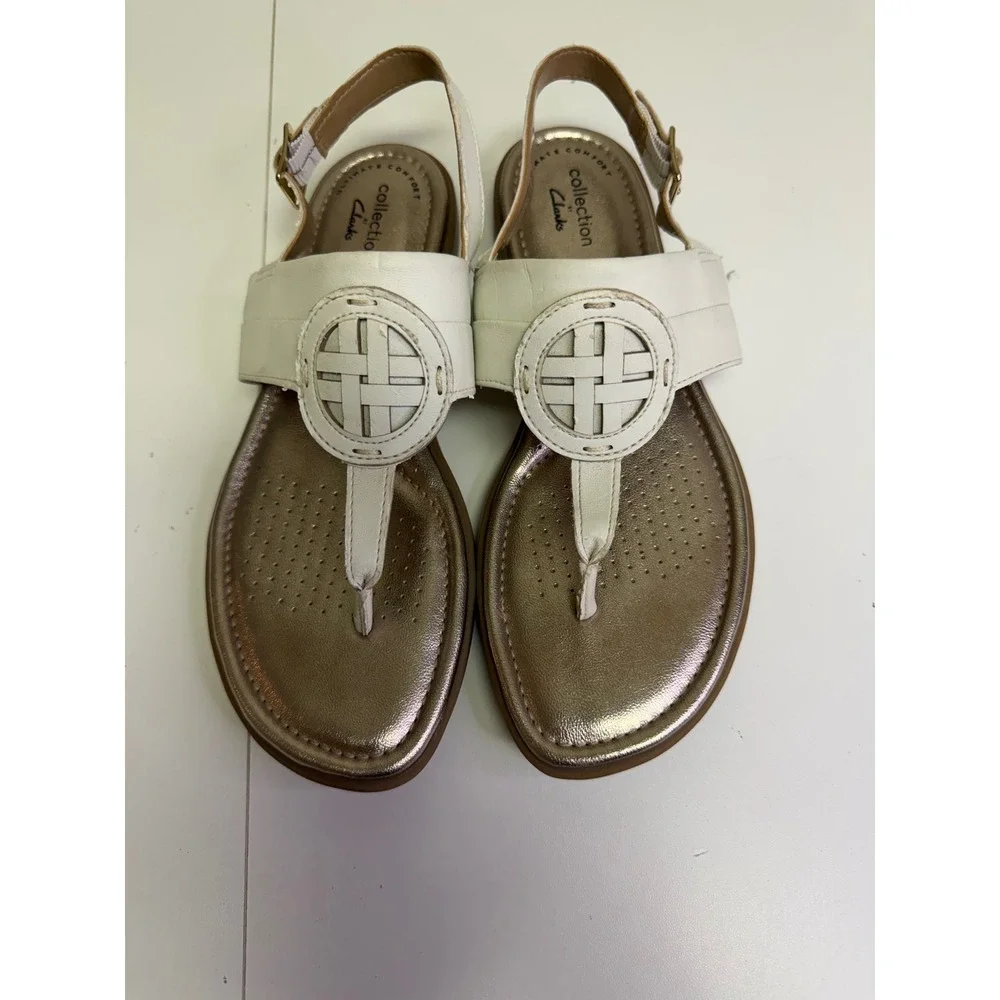 Clarks Collection Reyna White Glam T-strap Thong‎ Sandals Buckle Strap Sz 7